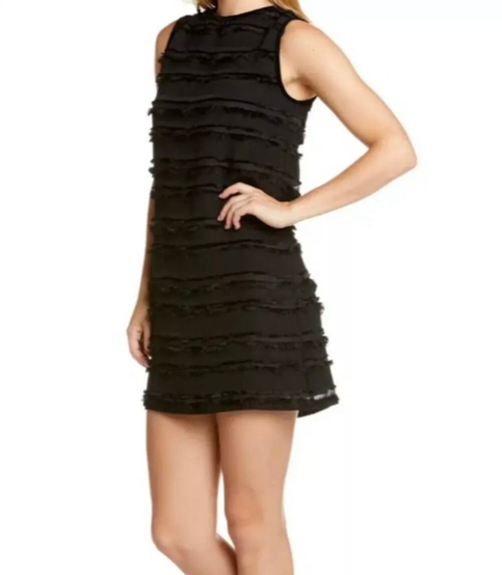 Michael Stars Fringe Trim Tiered Semi Sheer Sleeveless Shift Mini Dress, Black M